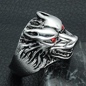 OAKKY Men's Stainless Steel Wolf Head Red Eye Diamonds Ring